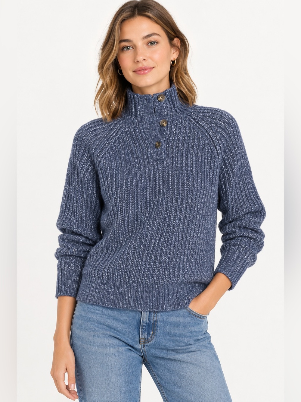 Everlane Funnel-Neck Ribbed Henley Sweater indigo wool organic cotton Sz S NWOT